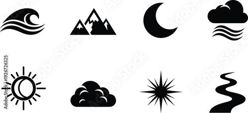 Black and white weather forecast weather forecast symbols meteorology signs wave mountains