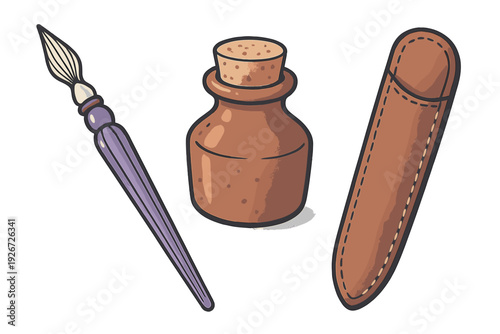 Classic dip pen, corked ink bottle, and leather case vintage writing set