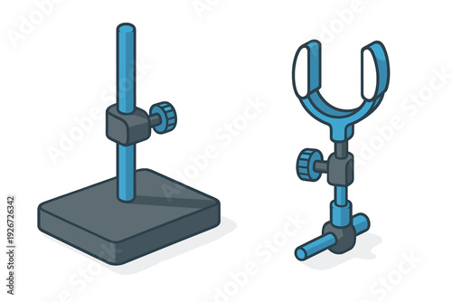 Essential laboratory equipment including a retort stand base and a universal clamp for scientific experiments and chemistry classes
