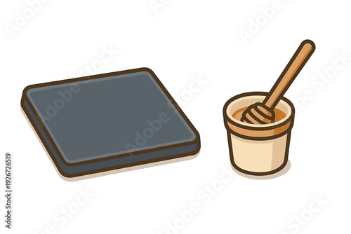 Dark kitchen scale next to a small container of golden honey and wooden dipper