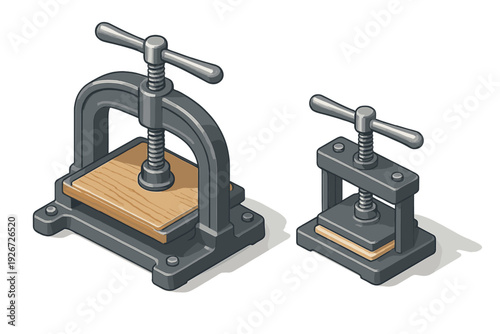 Two vintage industrial screw presses and clamps for manufacturing and craft workshops