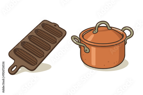 Essential kitchen tools including a cast iron corn dog mold and vintage copper cooking pot