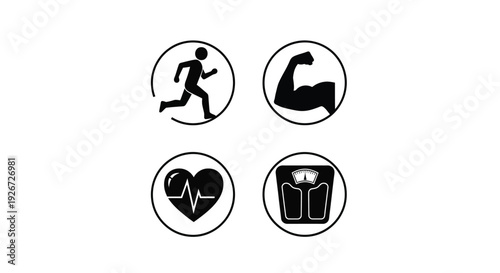Fitness icons depicting running strength health and weight silhouette