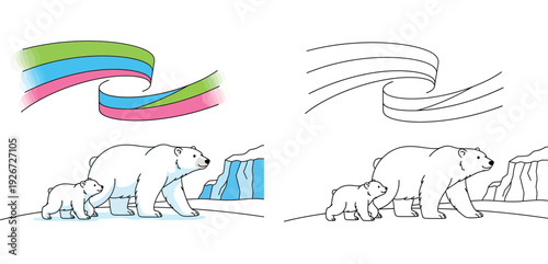 Cute Polar Bears with Cub and Aurora Borealis Ribbons - Cartoon Vector