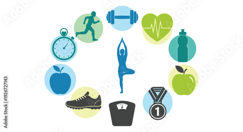 A colorful arrangement of fitness icons with a yoga pose silhouette