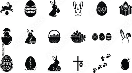 Easter icons and silhouette images of bunnies eggs and baskets