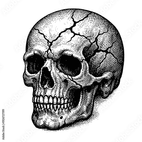 Detailed vintage engraving of a cracked human skull, perfect for anatomical studies, gothic aesthetics, macabre art, or Halloween designs, featuring intricate crosshatch shading and a powerful memento