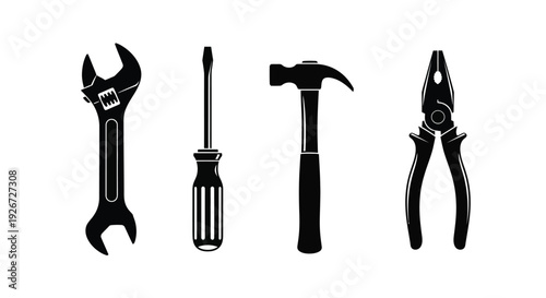 Black silhouettes of common hand tools arranged in a horizontal row silhouette