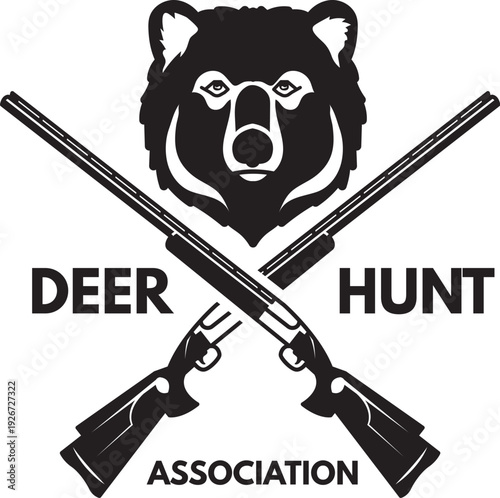 Deer hunt association black emblem. Bear hunting with crossed rifles