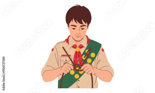 Scout boy tying a knot with a rope, wearing uniform