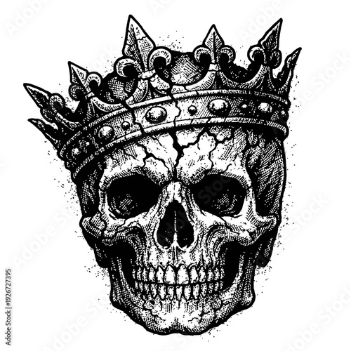 Vintage black and white illustration of a dramatically cracked human skull, adorned with an ornate, regal crown featuring intricate fleur-de-lis motifs, embodying decaying sovereignty and timeless mor