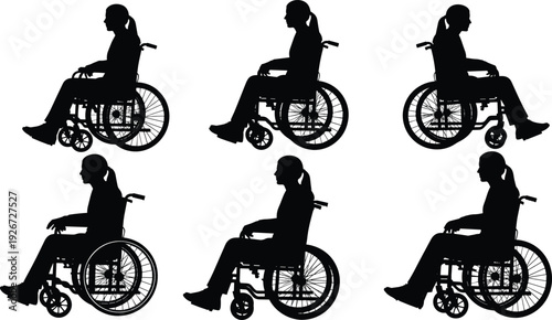 Woman in Wheelchair Silhouette Collection with Side View Disabled Person Poses in Black Solid Vector Illustration Set