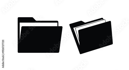 Two black folder icons one open against a white background silhouette
