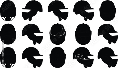 Collection of black cricket helmet silhouettes featuring different angles and protective grille designs for sports equipment catalogs and safety concepts