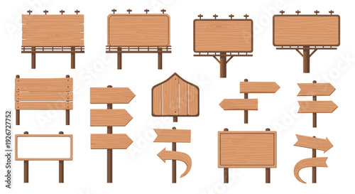 A large collection of various wooden signs and billboards in different shapes and sizes is displayed on a white background.