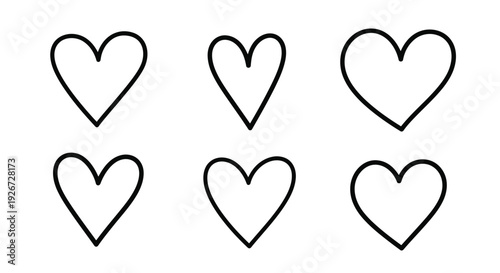 Six simple black heart outlines arranged on a white background silhouette