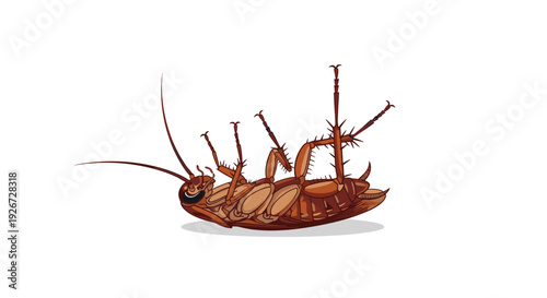 A single brown cockroach with long antennae and spiny legs lies dead on its back against a solid white background with a soft gray shadow.