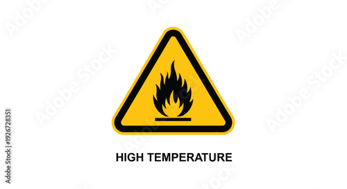 Yellow triangular warning sign depicting a flame high temperature silhouette