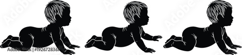 Baby Crawling Silhouette Set with Infant Movement Stages and Child Development Milestones in Black Solid Vector Illustration Collection