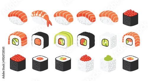 A collection of eighteen diverse sushi pieces including nigiri and maki rolls are arranged in a three-row grid pattern on a solid white background.