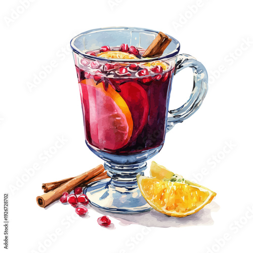 Mulled Wine, watercolor illustration, vector style, isolated on a white background.