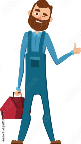 Repairman cartoon mascot. Professional workman with red toolkit