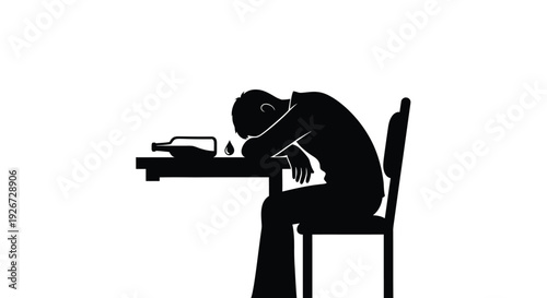 Man slumped over table with drink a somber and dark silhouette