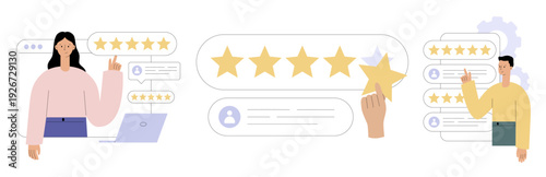 Customer review and feedback concept with five star rating, comments and testimonials. People leaving reviews online. UI web templates with rating interface. Flat vector illustration set