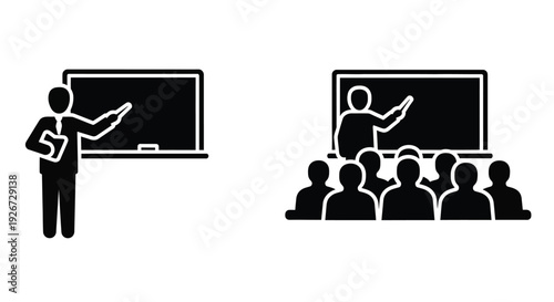 Two black silhouettes depict a teacher presenting to students silhouette