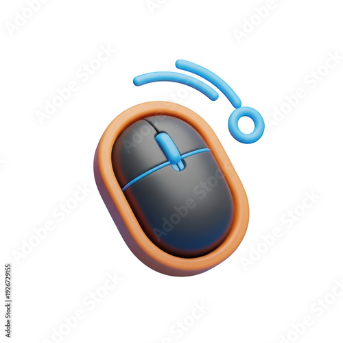 A wireless computer mouse with a scrolling wheel and orange accent on the side. isolated on transparent background