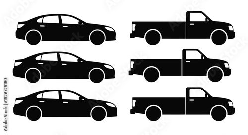 Black vehicle icons depicting sedans and pickup trucks a graphic silhouette