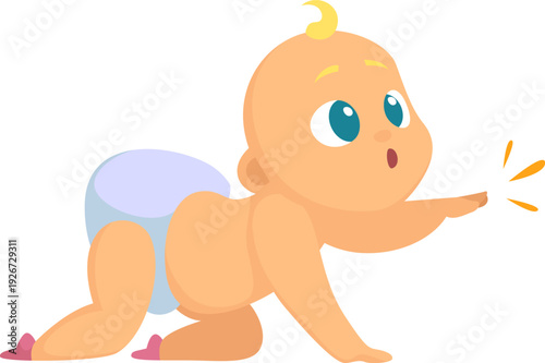 Crawling baby cartoon mascot. Child show something with hand gesture