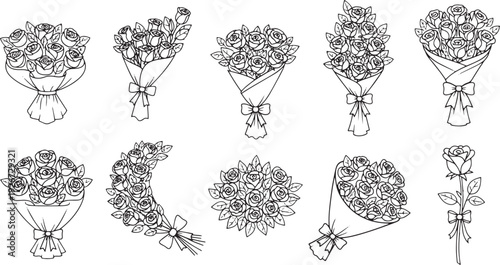 Various flower arrangements in black and white line art style.