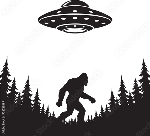A bigfoot running from a flying saucer in the forest