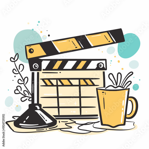 Film clapboard illustration with coffee mug and art elements on white