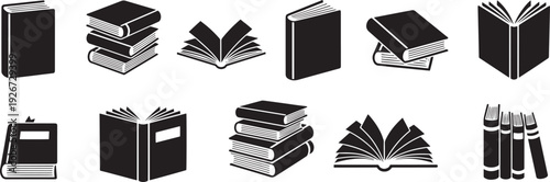 A collection of black and white book icons, including stacked and open books.