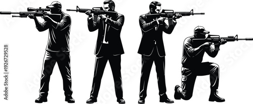 Collection of Tactical Shooter Silhouettes Featuring Armed Security Guards and Special Forces Soldiers with Rifles for Military Defense Law Enforcement and Combat Training Graphics