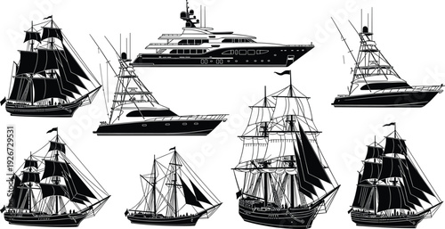 Collection of Vintage Sailing Ship Silhouettes and Modern Luxury Yacht Icons Including Galleons Schooners and Sport Fishing Boats for Maritime Graphic Design and Nautical Illustrations