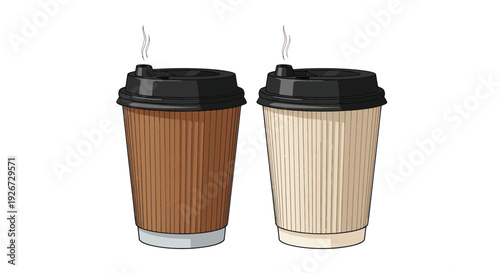 Two steaming coffee cups on a white background, paper cups, hot drinks