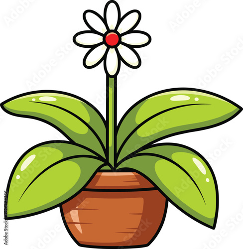 Colorful Cartoon Illustration of a White Daisy Flower with a Red Center Growing in a Brown Terracotta Pot for Kids Education and Gardening Designs