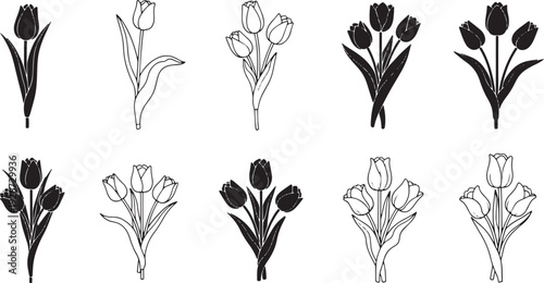 A set of black and white illustrations of tulips, arranged in various positions and orientations.