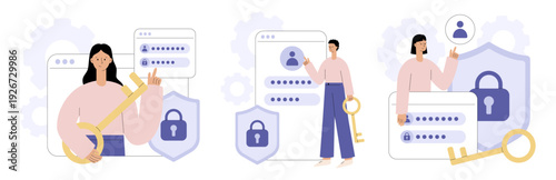 Cyber security concept set with people holding keys and protecting personal data. User login, password privacy and internet safety. Flat vector illustration