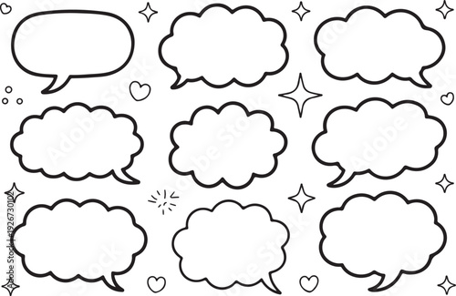 Hand drawn speech bubble and cloud shapes set in black outline doodle style