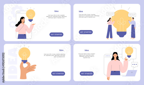 Creative idea landing page templates with light bulb symbol. People brainstorming and discussing innovation for startup and business. Modern UI web screens. Flat vector illustration set