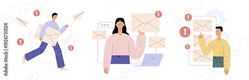 Email service concept with envelope and new message notification. Online communication, email marketing and digital messaging. People sending and receiving letters. Flat vector illustration