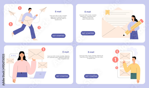 Email landing page templates with envelope and new message notification. Email marketing, subscription and online communication service. Digital messaging interface. Flat vector illustration set.