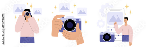 Photography concept with camera and photographer taking pictures. Photo shooting, image creation and creative work process. Modern photography and visual content creation. Flat vector illustration