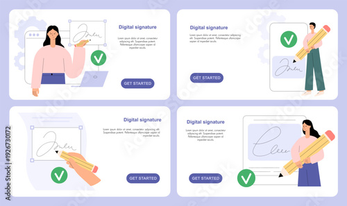 Digital signature landing page templates with electronic document signing and contract approval. User creating e-signature online. Modern UI web screens. Flat vector illustration set