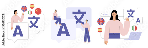Online translation concept. Multilingual people communicating using digital translator tools. Language learning, international communication and freelance translation service. Flat vector illustration