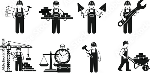Construction worker icon set with builder tools, crane, bricks and equipment, black silhouette vector illustration isolated on white background for industry design.